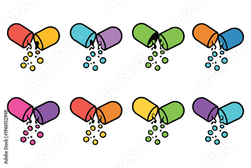 Illustrated depiction of capsules releasing different colored particles when opened