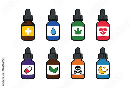 Eight distinct essential oil bottles with unique symbols and colors