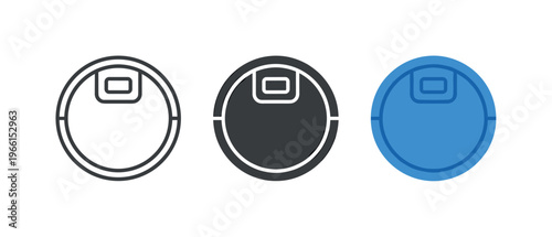 Set of three robotic vacuum cleaner icons in different styles and colors