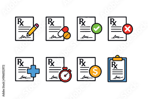 Illustrations of prescription symbols with various medical and administrative icons.