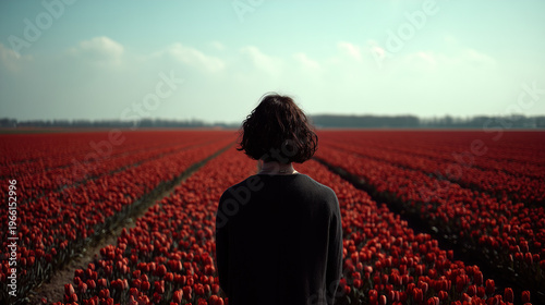 Woman standing in vast red tulip field looking toward horizon. Contemplative figure in dark clothing surrounded by blooming flowers with tree line in distance under clear sky.