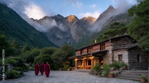 Tibetan Buddhist monastery at dawn with monks in maroon robes walking meditation path through mountain mist, prayer flags flutter above ancient stone courtyard, perfect for spirituality and mindfuln