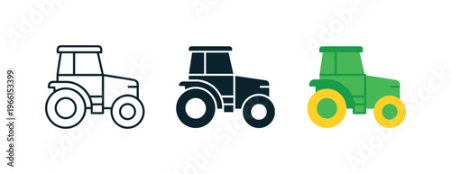 Three tractor icons in different styles: outline, solid, and colorful