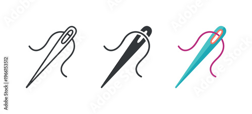 Close-up of a sewing needle with thread, showcasing different styles and colors