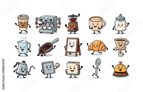 Cute cartoon coffee shop items with faces and legs having fun