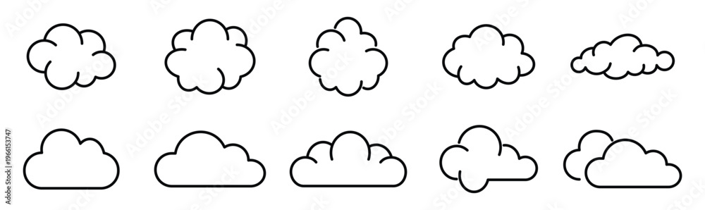 Fototapeta premium Cloud icon set. Weather cloud symbols and sky elements collection. Different cloud shapes for UI, apps and web design. Minimal outline cloud icons. Weather forecast, cloud storage and digital interfac