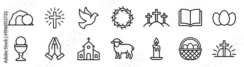Easter icon set. Christian religion and Easter symbols. Cross, resurrection, dove, bible, church, candle, lamb and eggs. Holy week and Easter celebration concept.