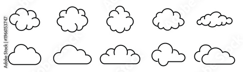 Cloud icon set. Weather cloud symbols and sky elements collection. Different cloud shapes for UI, apps and web design. Minimal outline cloud icons. Weather forecast, cloud storage and digital interfac