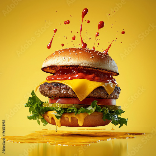 Delectable Burger with a Splash: A mouthwatering burger bursts with flavor as toppings and sauces cascade dramatically. A culinary masterpiece.
