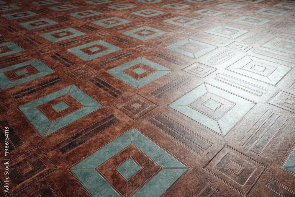 Obraz premium Elegant patterned floor with geometric shapes and earthy tones in a spacious interior