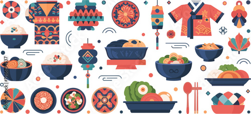 Japanese Food and Culture Vector Set with Sushi, Ramen, Traditional Patterns, Kimono, Lanterns, and Asian Cuisine Elements for Restaurant and Travel Design