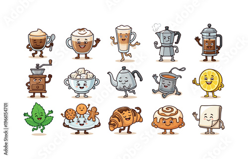 Cute cartoon coffee and tea characters with pastries and mint leaf