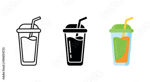 Collection of three stylized beverage cups with straws and colorful drinks