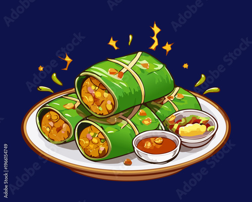 Steamed green rice rolls filled with savory vegetables and meat served with spicy dipping sauce on dark plate - Vector Illustration