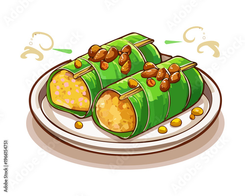 Green rice cake rolls wrapped in banana leaves filled with savory meat and served on white round plate - Vector Illustration