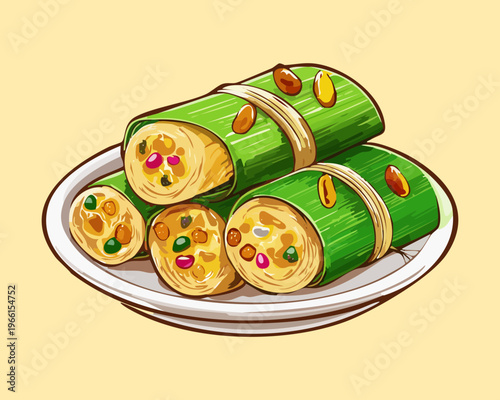Traditional steamed rice dumplings wrapped in green leaves filled with spicy chicken and served on white ceramic plate - Vector Illustration