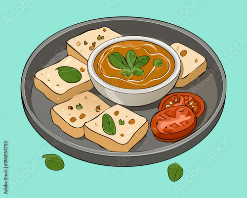 Steamed white tofu blocks topped with savory sauce and fresh red tomato slices served in a round bowl - Vector Illustration