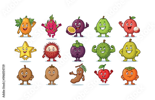 Collection of cheerful cartoon exotic fruits with expressive faces and arms