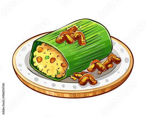 Traditional rice cake rolls wrapped in banana leaf stuffed with savory meat and fried shallots on white plate - Vector Illustration