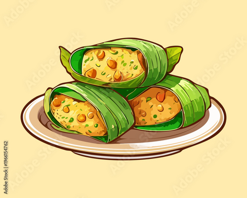 Steamed rice rolls wrapped in green leaves filled with savory shredded chicken served on a light yellow plate - Vector Illustration