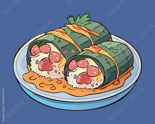 Sliced savory rice rolls wrapped in banana leaves filled with colorful meat and vegetables on a blue plate - Vector Illustration