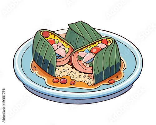 Traditional savory rice dumplings wrapped in green leaves filled with spicy minced meat served on a blue plate - Vector Illustration