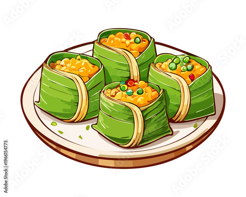 Traditional green rice snacks wrapped in banana leaf filled with sweet coconut and savory meat on white plate - Vector Illustration