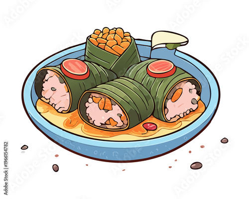 Savory rice dumplings wrapped in green leaves filled with spicy meat and served with red chili sauce topping - Vector Illustration
