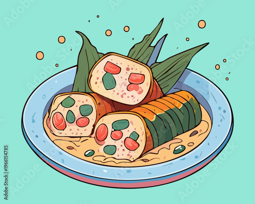 Colorful savory rice rolls wrapped in banana leaf showing meat and vegetable filling served on a blue plate - Vector Illustration