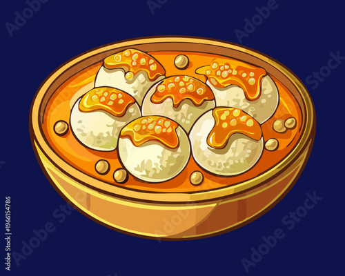 Savory meatball soup with spicy orange broth and green vegetable garnish served in a dark blue ceramic bowl - Vector Illustration