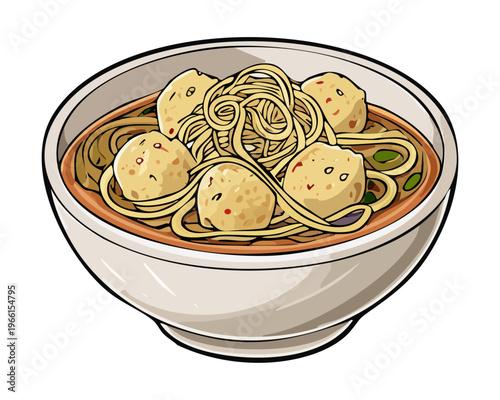 Steamed meatball noodle soup with clear broth and fresh green vegetables served in a white ceramic bowl - Vector Illustration