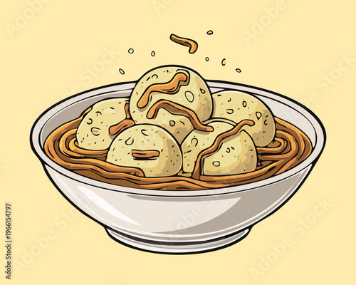 White meatball soup with noodles and green vegetables served in a large ceramic bowl for warm lunch meal - Vector Illustration