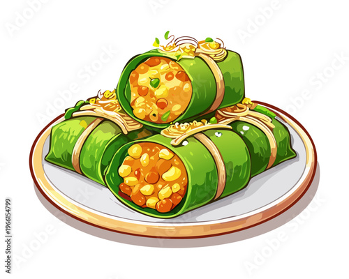 Steamed green rice cakes wrapped in banana leaves filled with savory meat and topped with fried shallots garnish - Vector Illustration