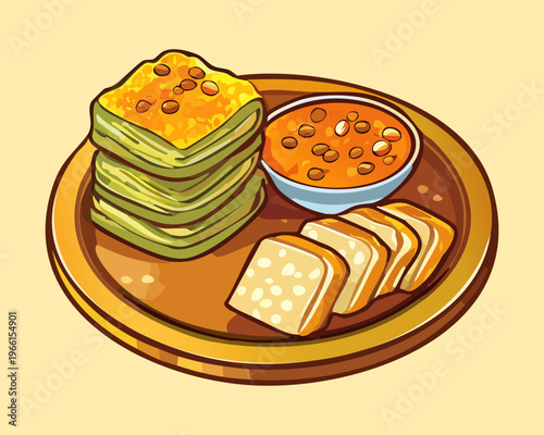 Layered savory snack cakes with spicy dipping sauce served on a yellow plate for breakfast menu - Vector Illustration