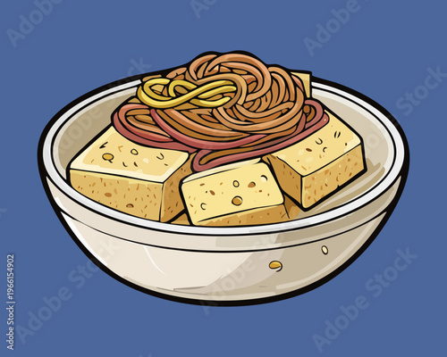 Savory meatball soup with clear broth and white noodles served in a white bowl for lunch meal - Vector Illustration