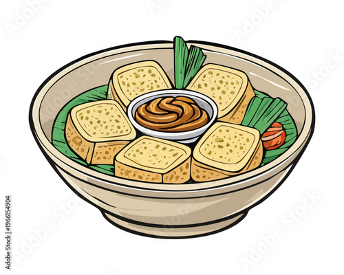 Traditional meatball soup with clear broth and fresh green vegetables served in a white ceramic bowl - Vector Illustration