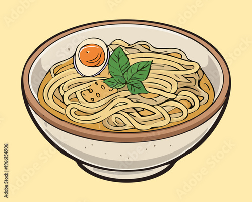 Savory beef noodle soup with clear broth and boiled eggs served in a white ceramic bowl - Vector Illustration