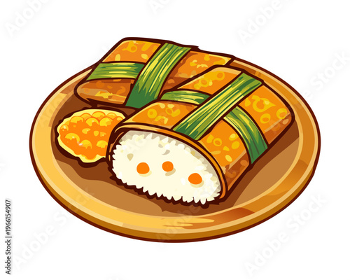 Traditional rice rolls wrapped in banana leaf filled with savory meat and served on a plate - Vector Illustration