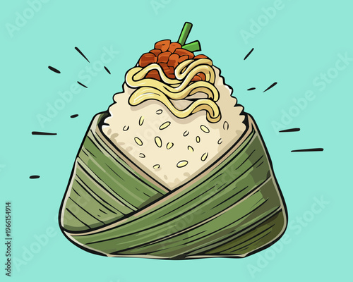 Steamed rice cone wrapped in banana leaf topped with savory meat and fresh green herbs - Vector Illustration