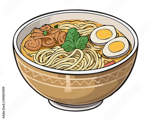 Traditional meatball noodle soup with boiled eggs and fresh green vegetables served in a white bowl - Vector Illustration