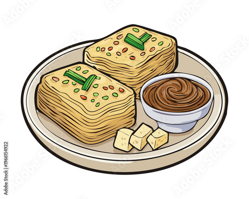 Steamed savory dumplings filled with meat served with spicy peanut dipping sauce on a white plate - Vector Illustration