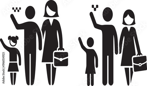Black silhouette of a family with a child waving a checkered flag