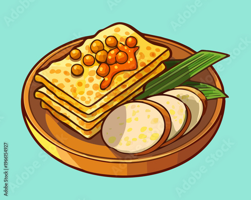 Sliced savory pancakes filled with spicy meat and vegetables served with tofu on a yellow plate - Vector Illustration