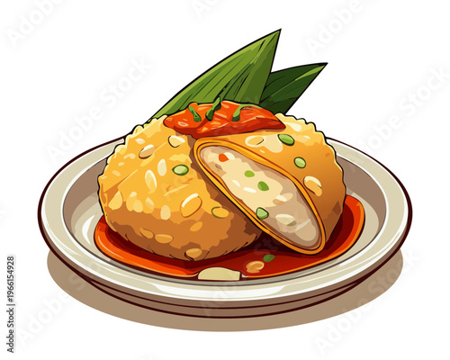 Crispy fried rice ball filled with savory meat and served with spicy sauce on a plate - Vector Illustration