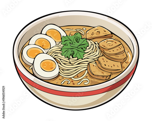 Traditional chicken noodle soup with boiled eggs and fresh green herbs served in a white bowl - Vector Illustration