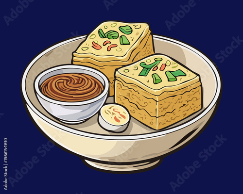 Savory tofu blocks served with spicy peanut dipping sauce and fresh chili on a blue plate - Vector Illustration