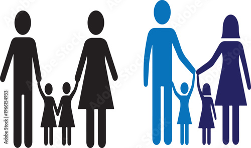 Black silhouette of a family with two children holding hands on white background