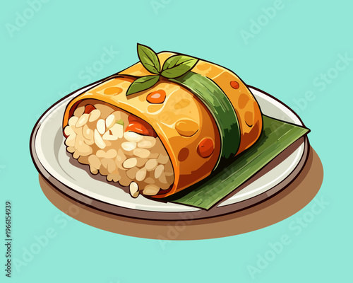 Steamed rice roll wrapped in banana leaf filled with savory meat and vegetables on blue plate - Vector Illustration