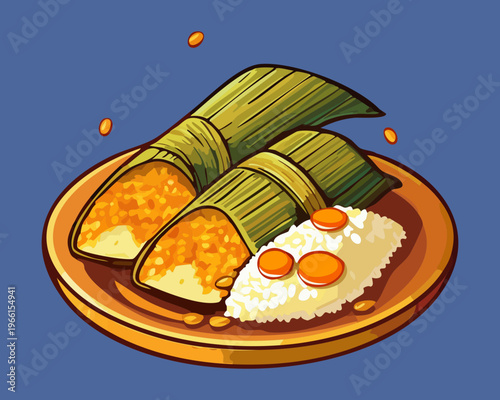 Savory rice rolls wrapped in banana leaf filled with spicy meat and served with white rice - Vector Illustration