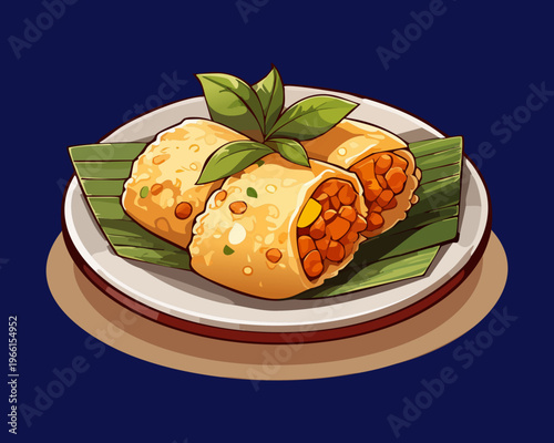 Traditional savory rice rolls wrapped in banana leaf filled with spicy meat on a blue plate - Vector Illustration